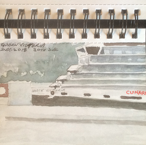 Cunard moored | Postcard from MV Ventura: Sketching at sea